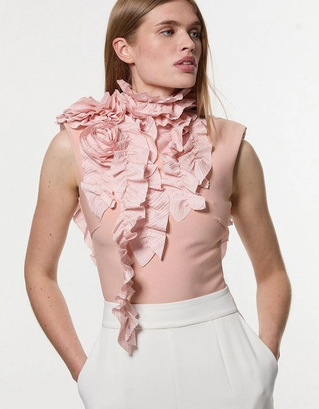 Figure Form Bandage Knit Woven Rosette Detail Top, 5 of 4