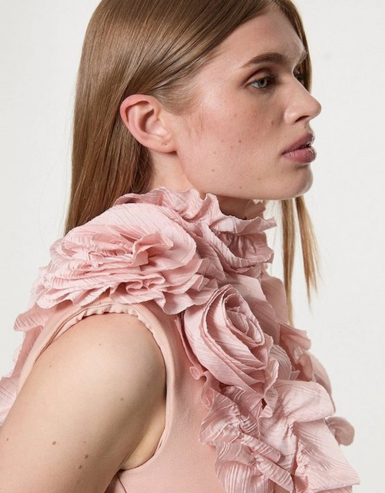 Figure Form Bandage Knit Woven Rosette Detail Top