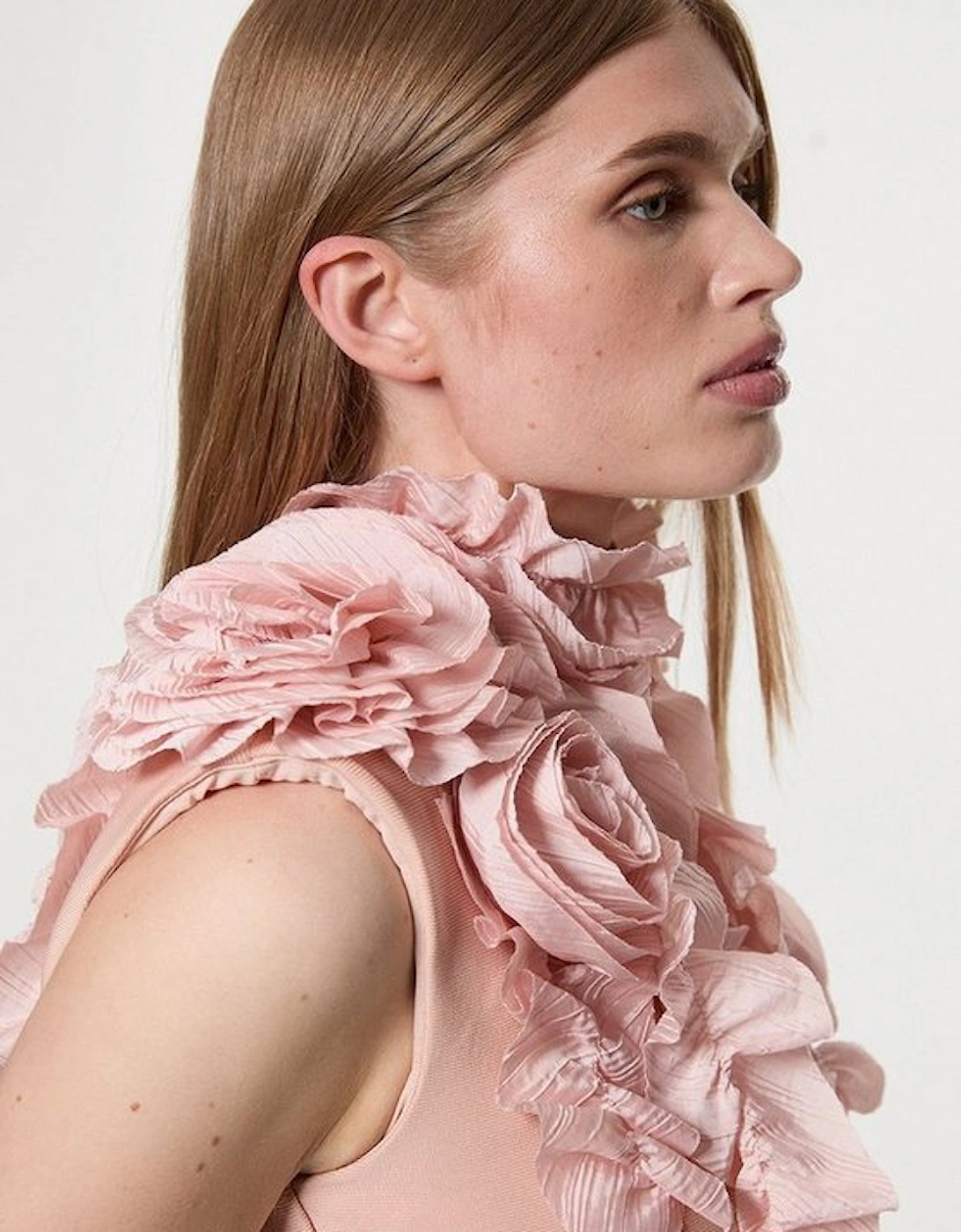 Figure Form Bandage Knit Woven Rosette Detail Top