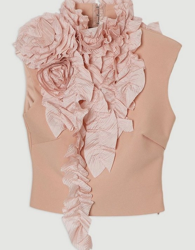 Figure Form Bandage Knit Woven Rosette Detail Top