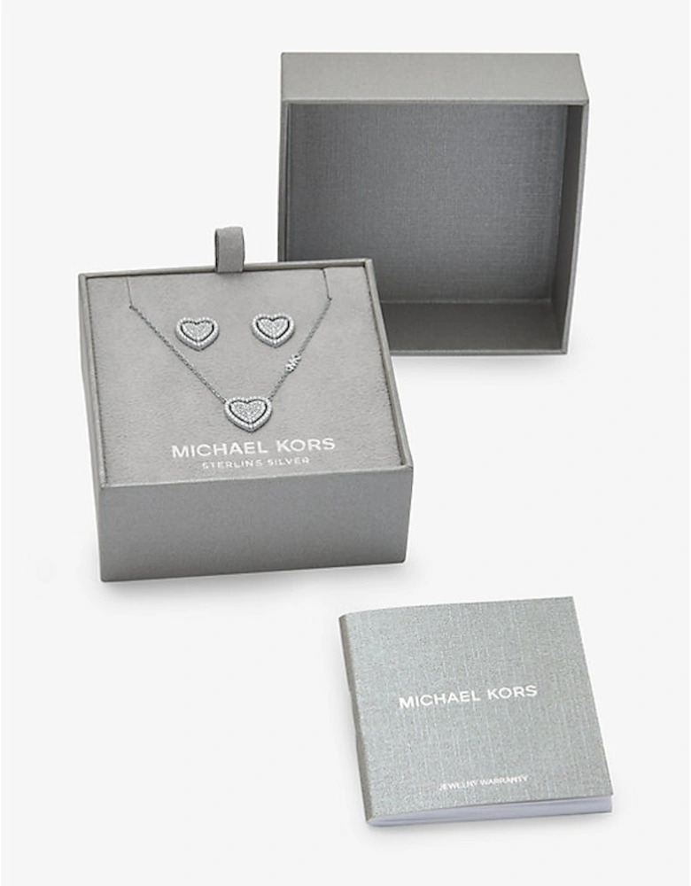 Precious Metal-Plated Sterling Silver Pavé Heart Necklace and Earrings Gift Set