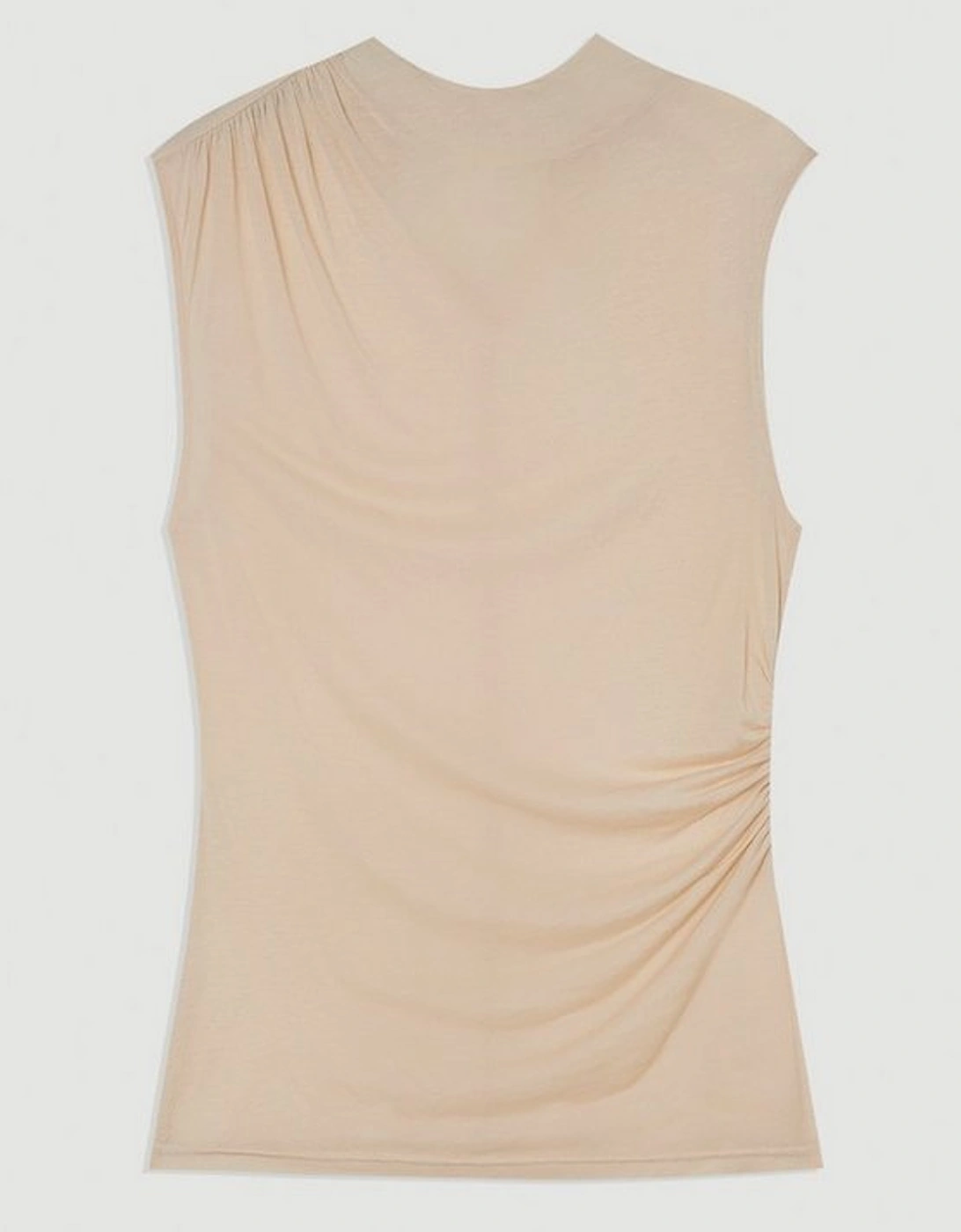 Tencel Pleated Detail Sleeveless High Neck Jersey Top