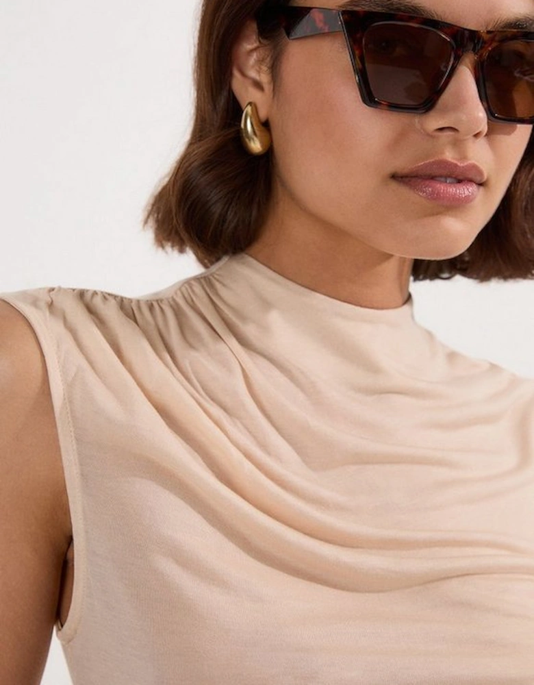 Tencel Pleated Detail Sleeveless High Neck Jersey Top