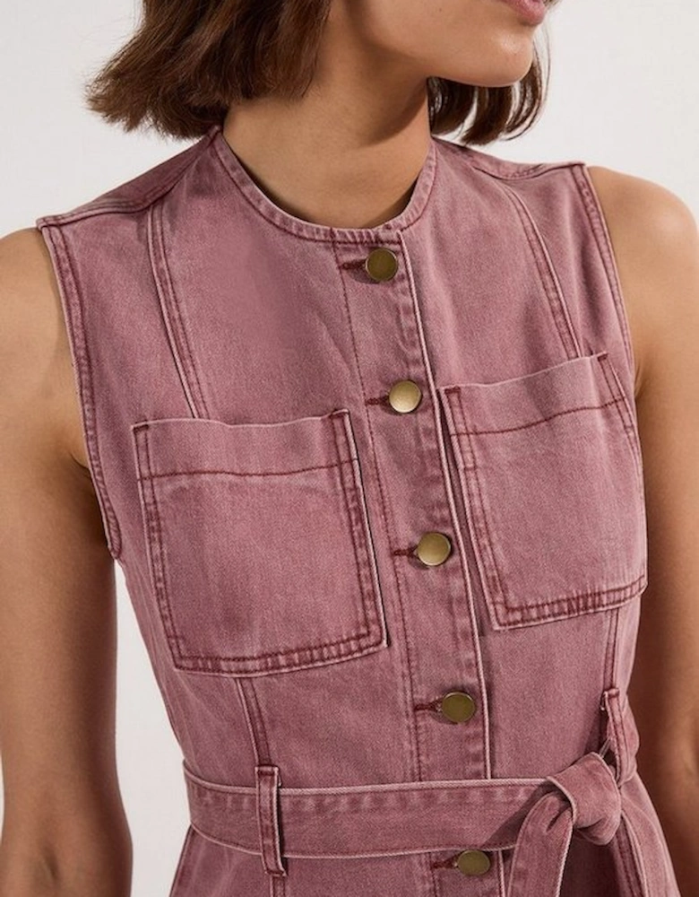 Coloured Denim Belted Midi Dress