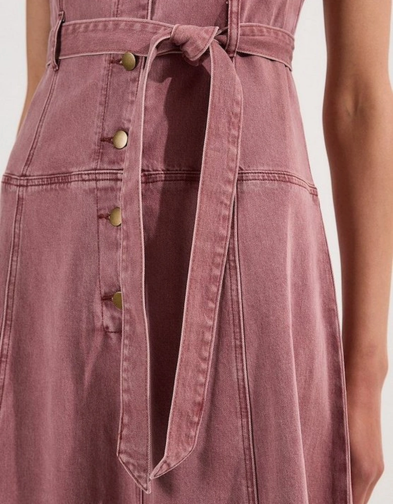 Coloured Denim Belted Midi Dress