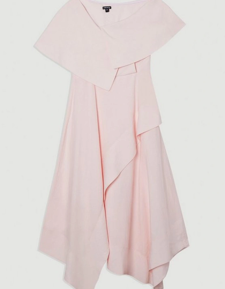 Premium Tailored Linen Asymmetric Shoulder Full Midi Dress