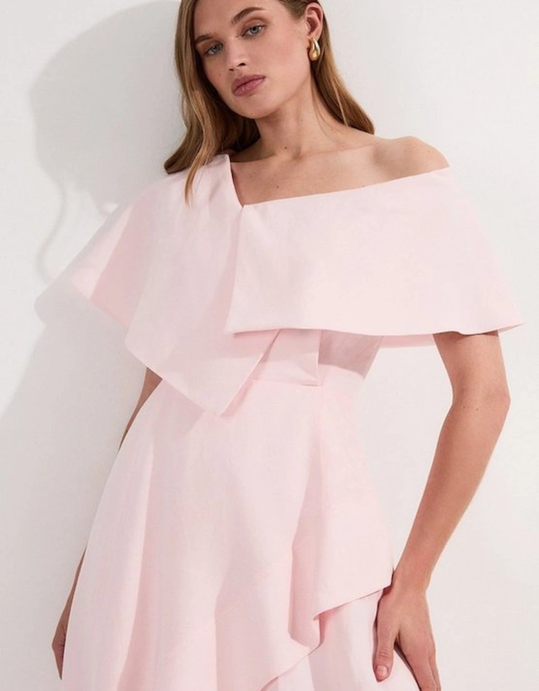 Premium Tailored Linen Asymmetric Shoulder Full Midi Dress