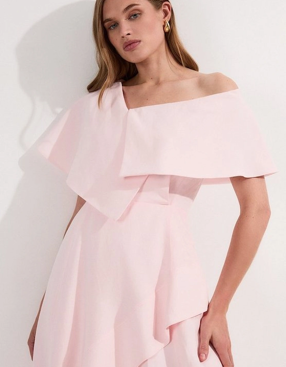 Premium Tailored Linen Asymmetric Shoulder Full Midi Dress