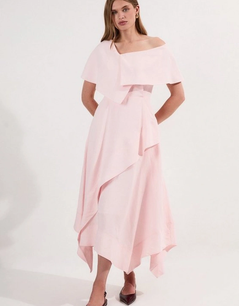 Premium Tailored Linen Asymmetric Shoulder Full Midi Dress