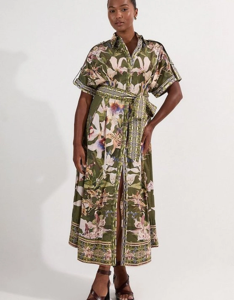 Plus Size Cotton Sateen Floral Woven Belted Maxi Shirt Dress