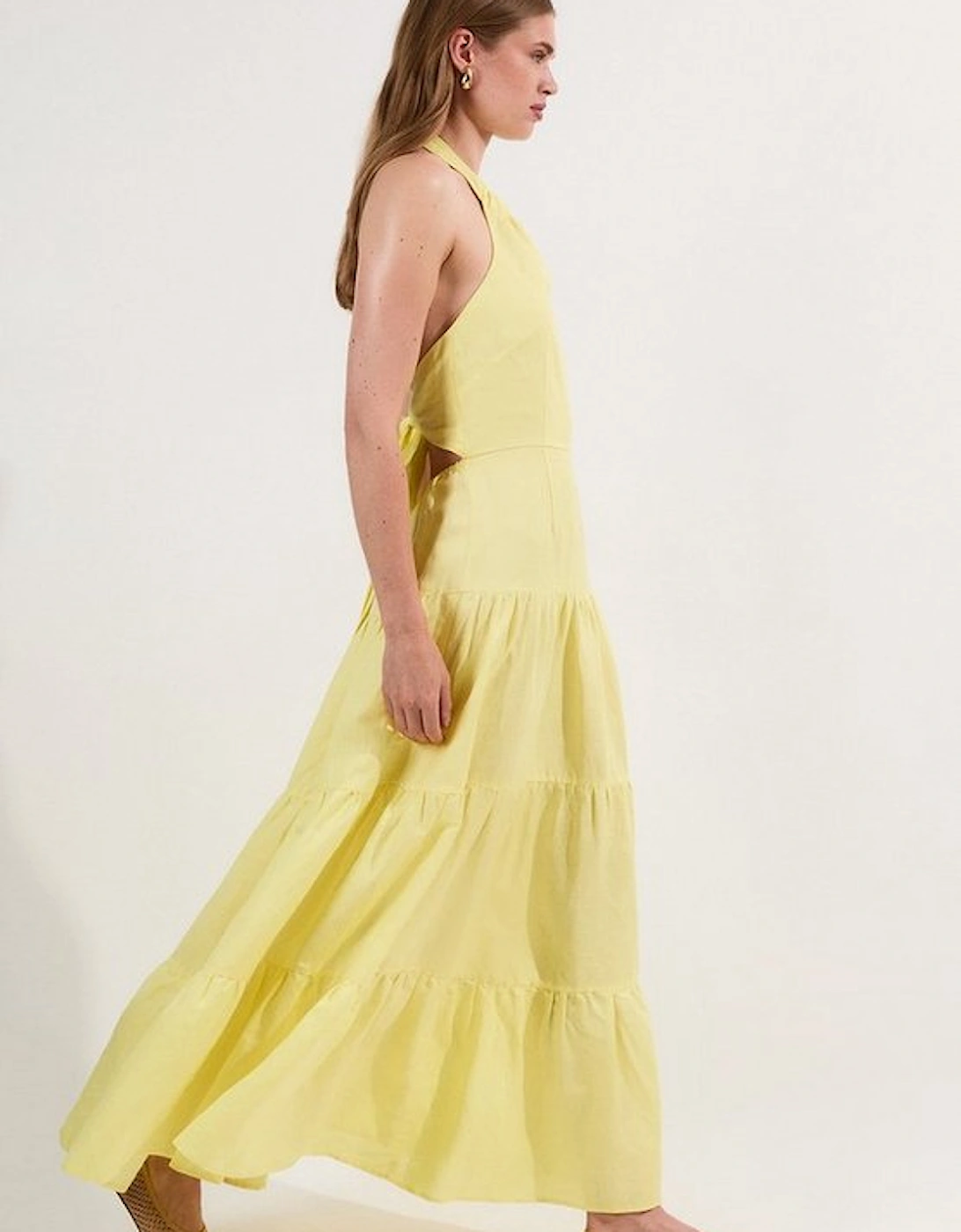 Viscose Linen Halter Tiered Woven Maxi Dress