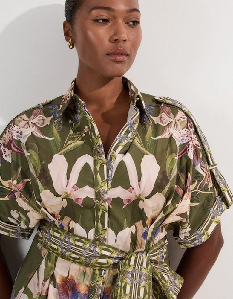 Plus Size Cotton Sateen Floral Woven Belted Maxi Shirt Dress