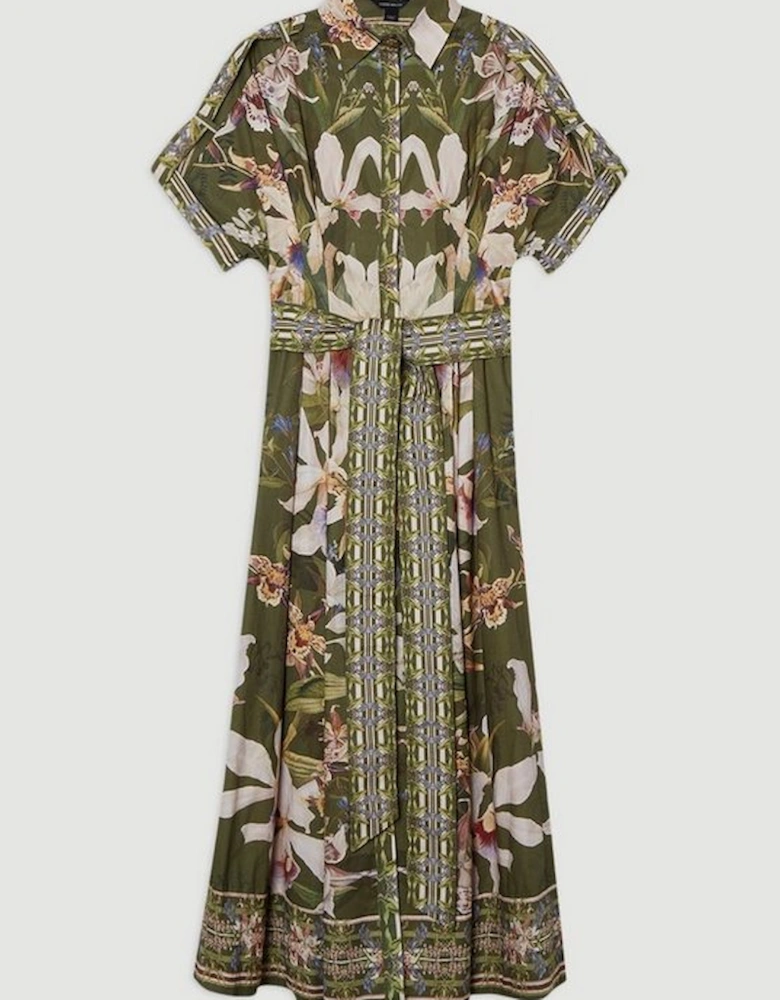 Plus Size Cotton Sateen Floral Woven Belted Maxi Shirt Dress