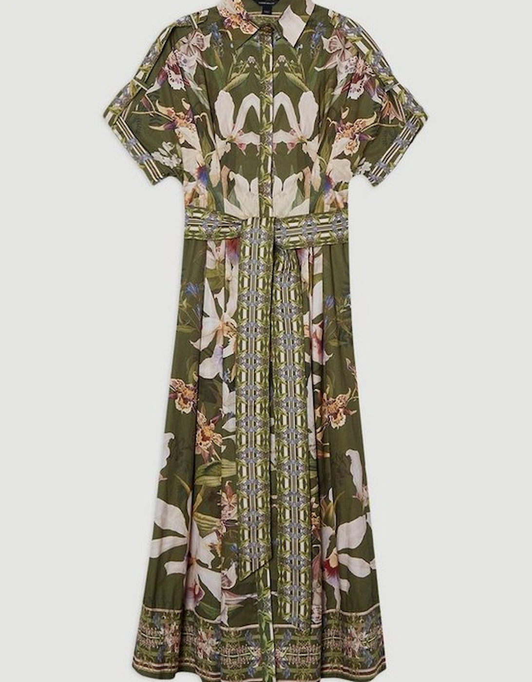 Plus Size Cotton Sateen Floral Woven Belted Maxi Shirt Dress