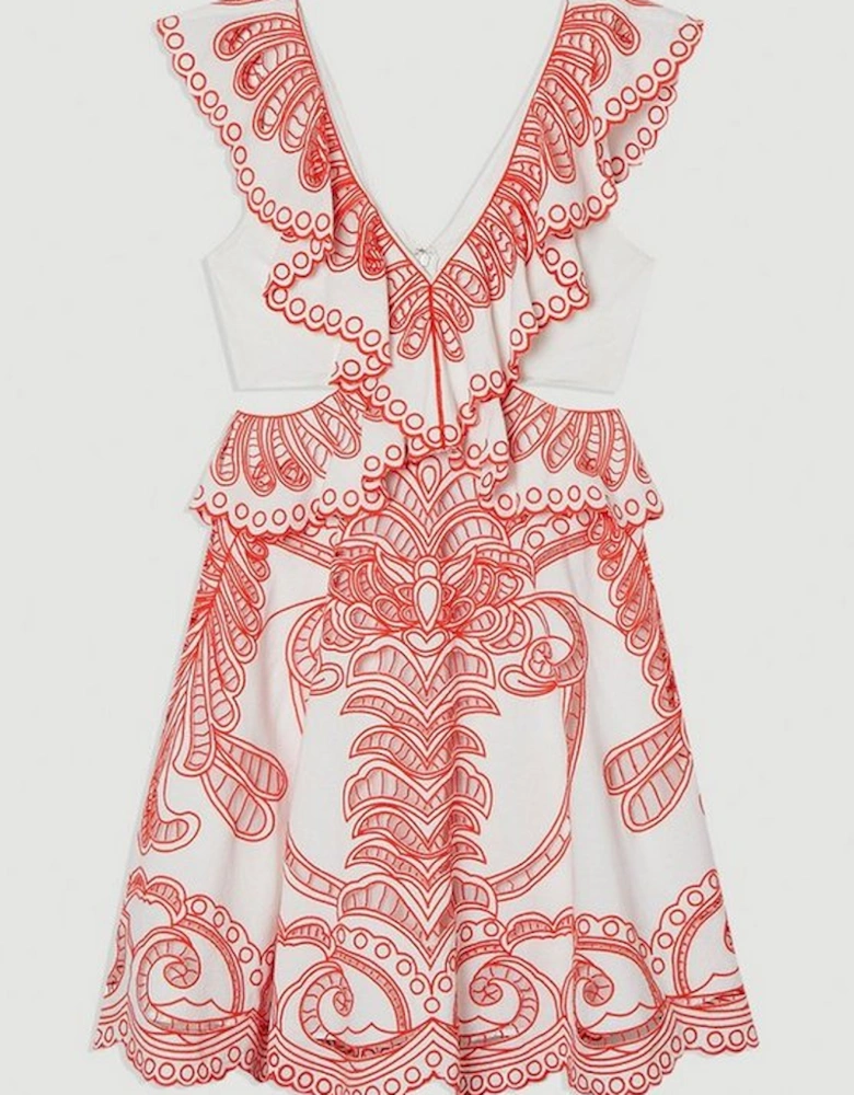 Cutwork Embroidered Ruffle Woven Mini Dress