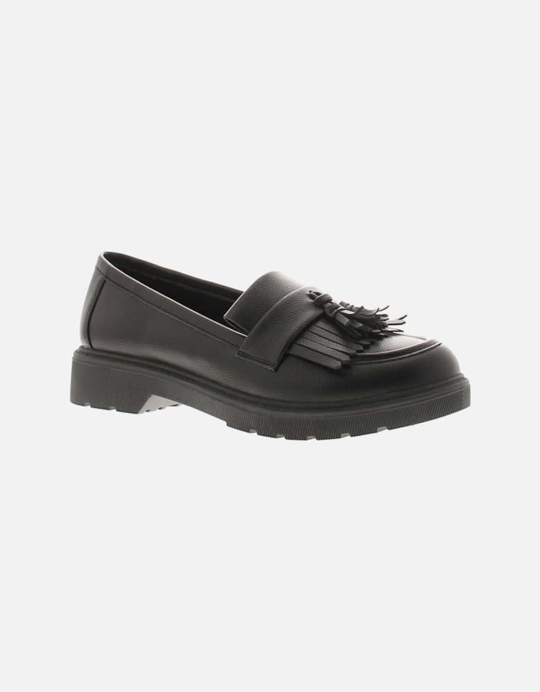 Womens Flat Shoes Loafers Ingrain Slip On black grain pu UK Size