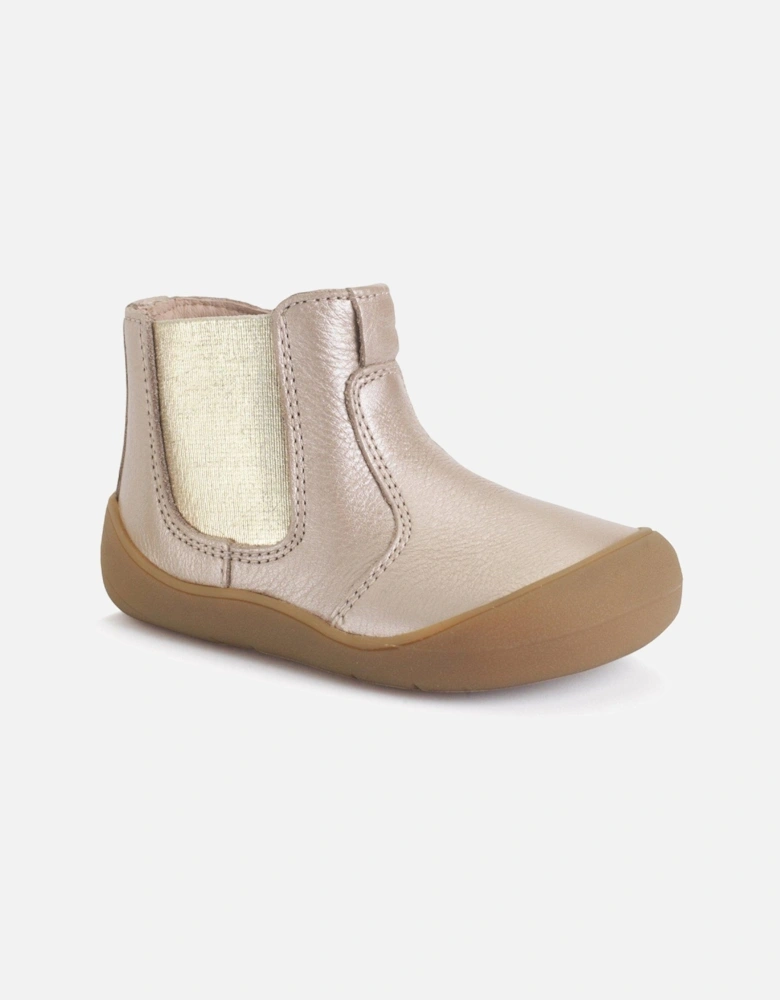 Little Chelsea Girls First Walking Taupe Pearlised Leather Zip Up Ankle Boots