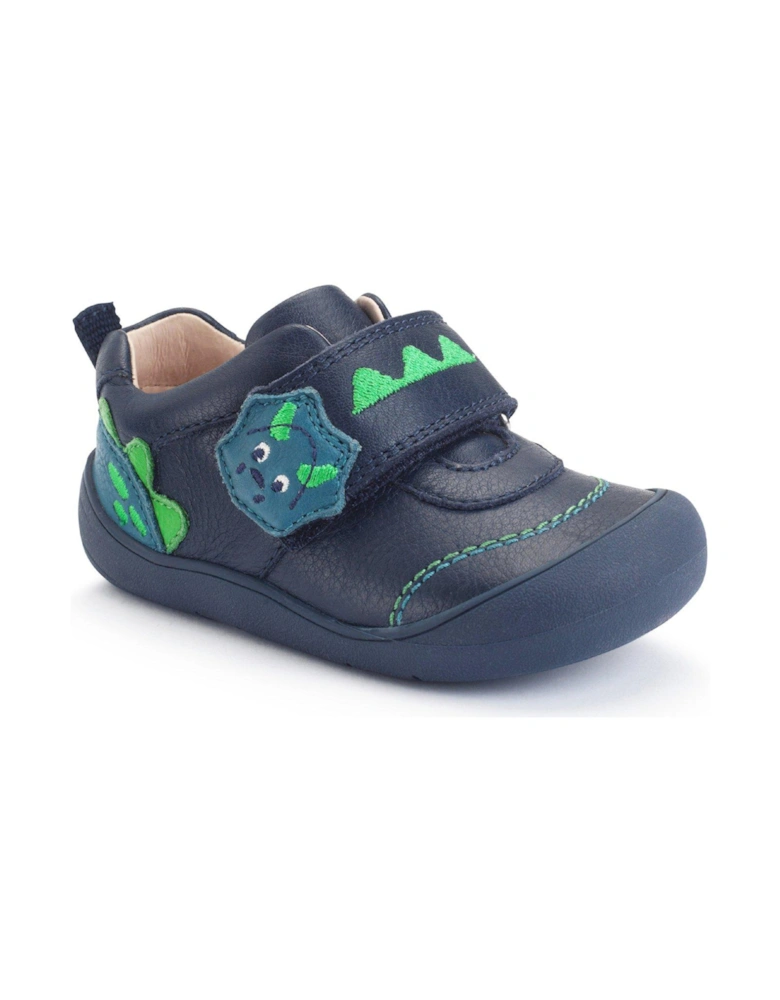 Tread Navy Leather Boys Dinosaur Rip Tape First Shoes