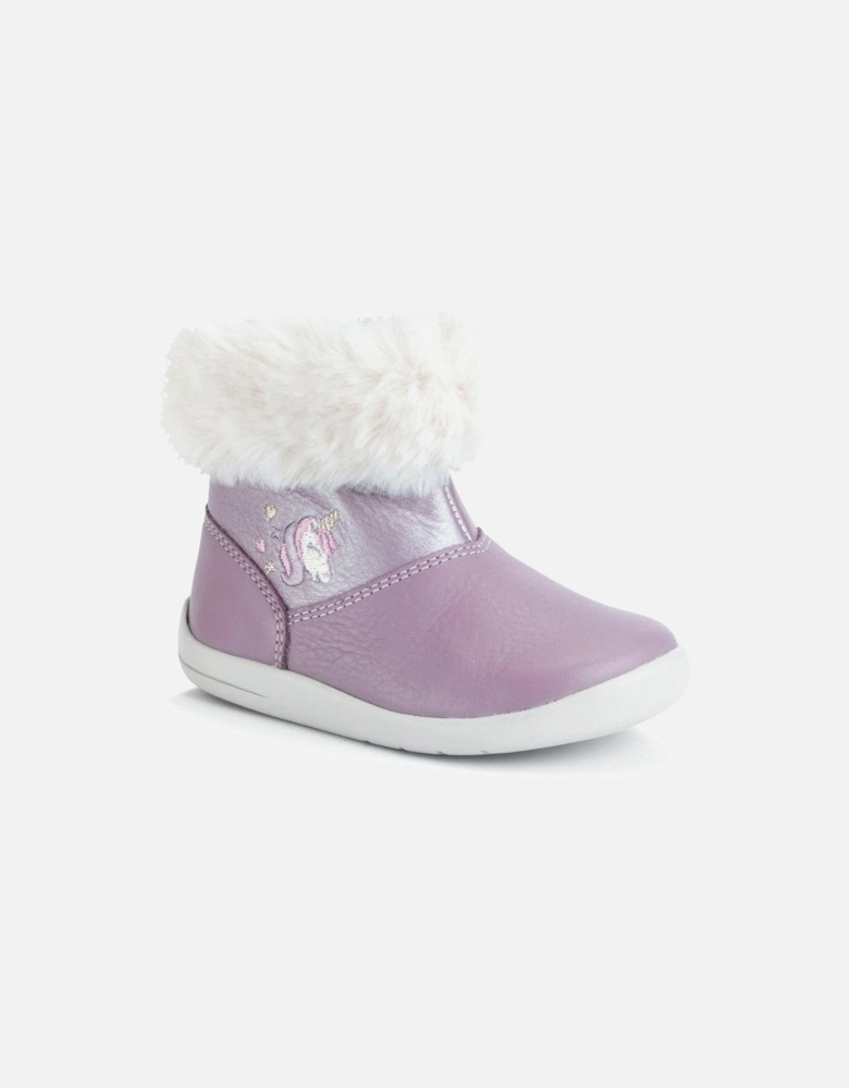 Flurry Zip Up Girls Mauve Leather Unicorn Ankle Boots