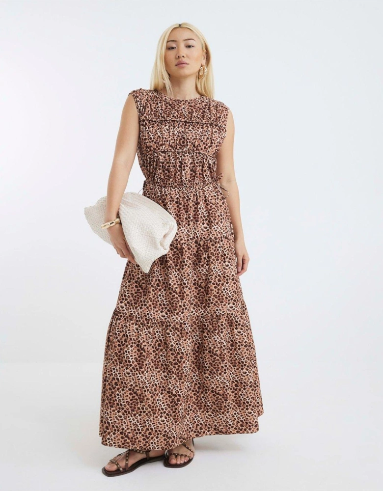 Drawstring Tiered Leopard Maxi Dress