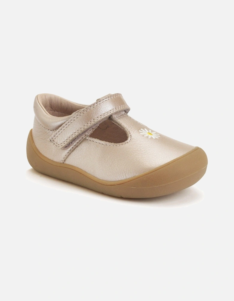 Floret Girls Taupe Pearlised Leather First Walking Rip Tape T-bar Shoes