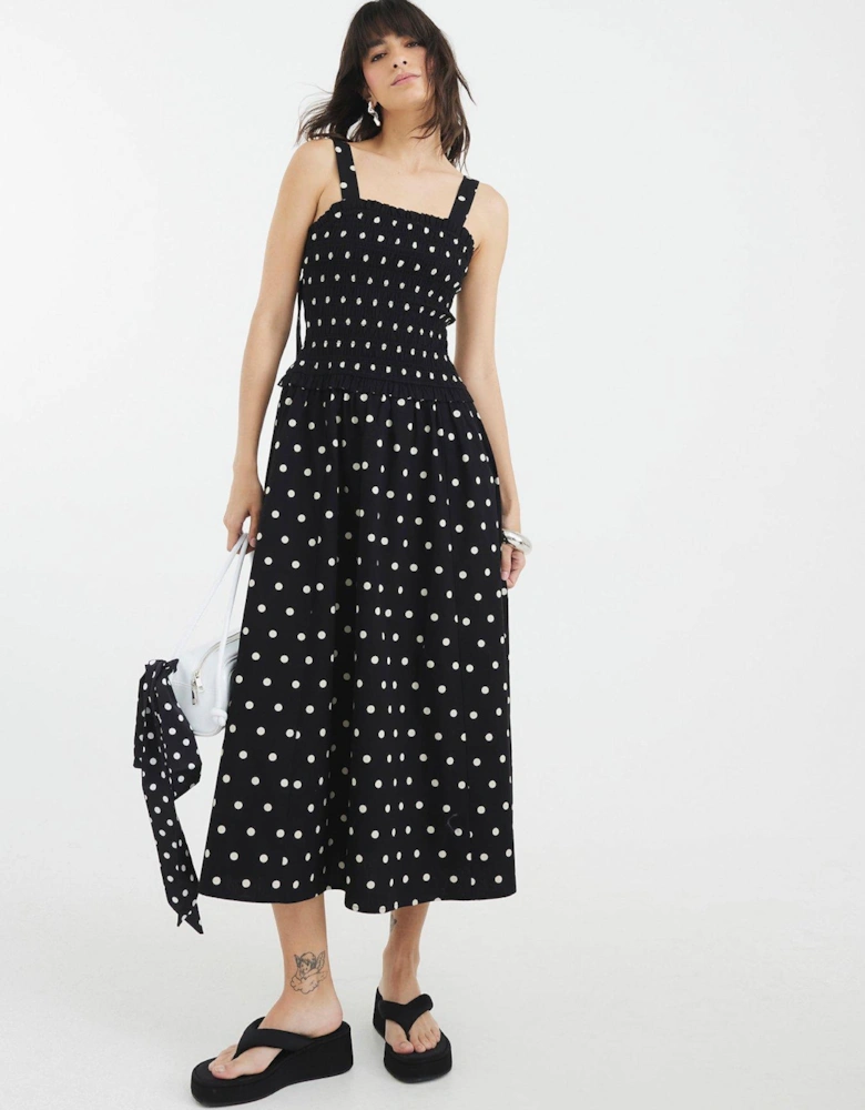 Polka Dot Shirred Midi Dress
