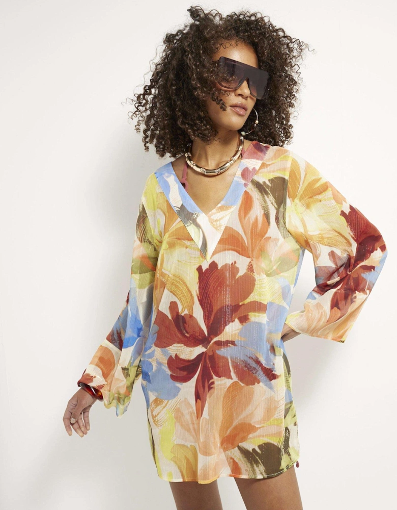 Printed Long Sleeve Beach Dress