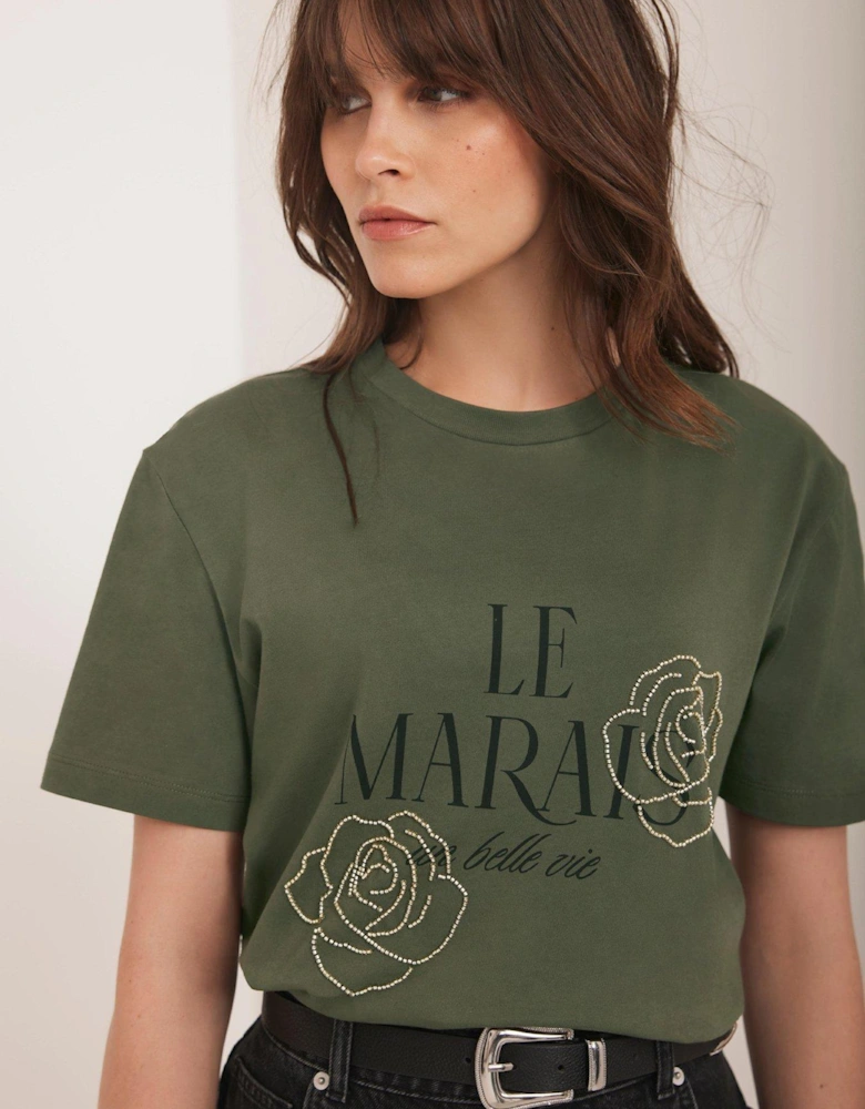 Khaki Gold Bead T-Shirt - Green