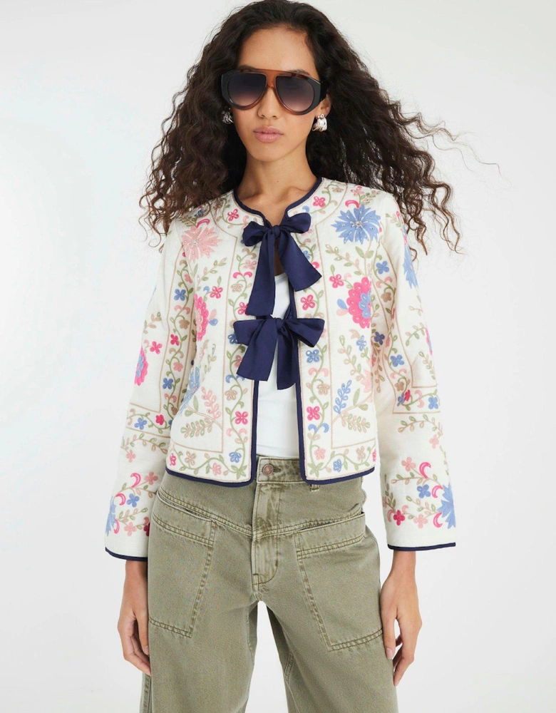 Floral Embroidered Tie Front Jacket - Cream