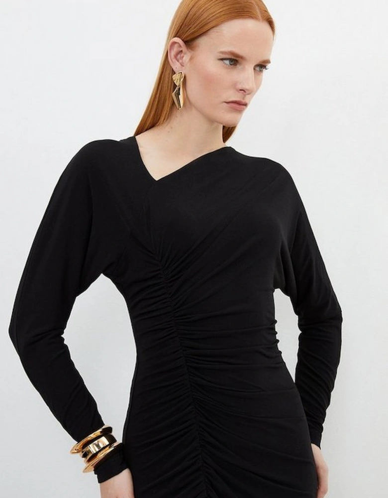 Jersey Crepe Ruched Long Sleeve Midi Dress