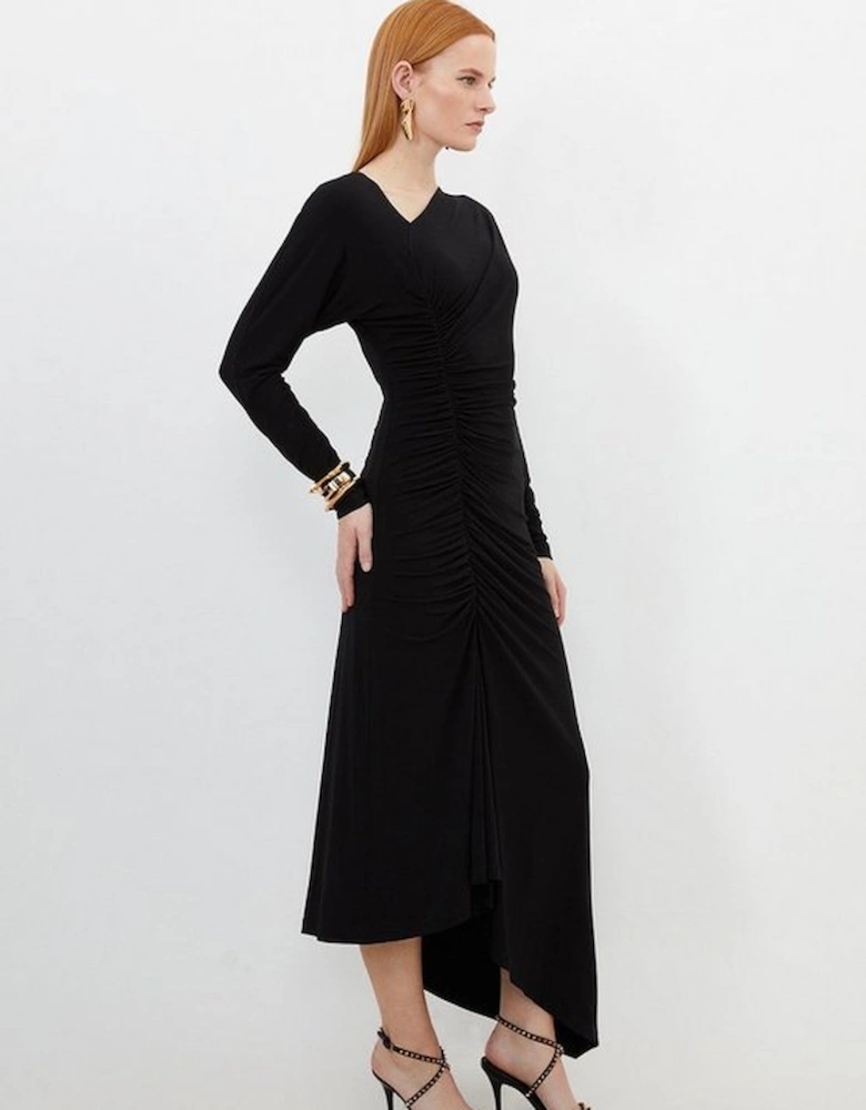 Jersey Crepe Ruched Long Sleeve Midi Dress