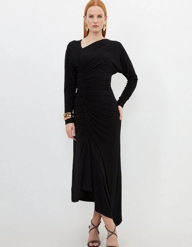 Jersey Crepe Ruched Long Sleeve Midi Dress