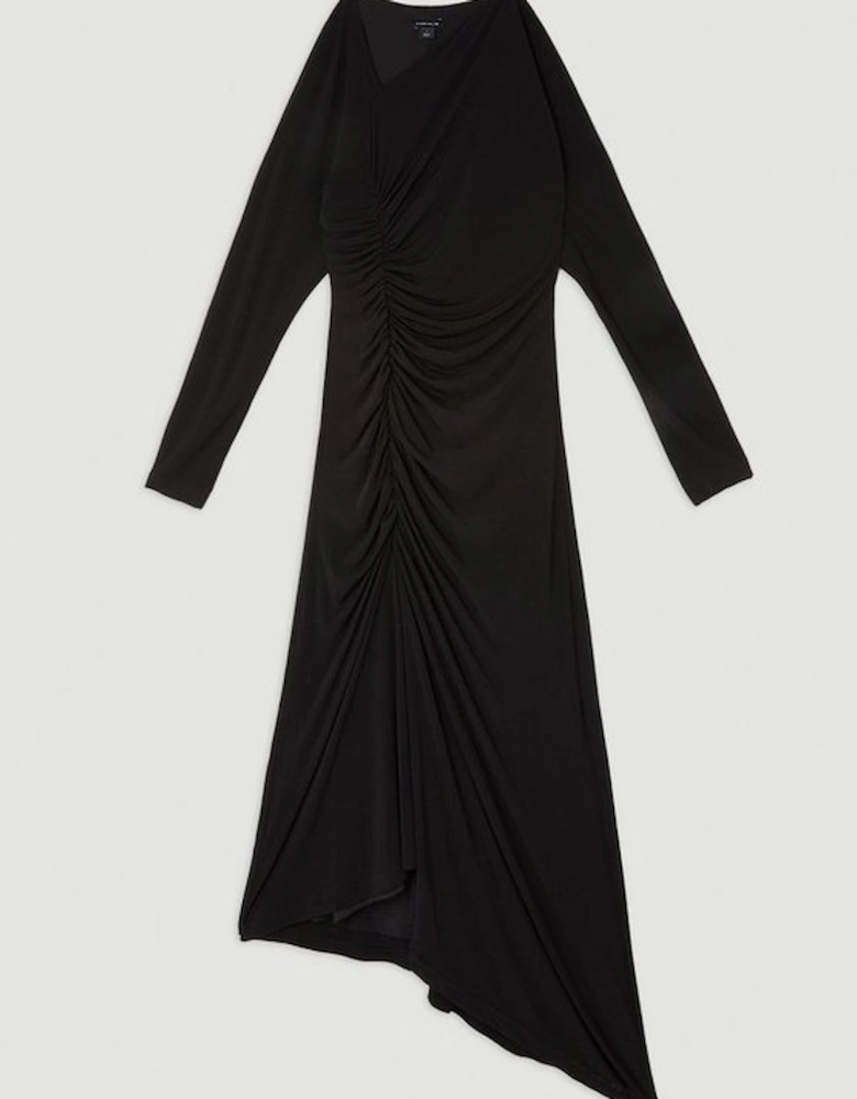 Jersey Crepe Ruched Long Sleeve Midi Dress