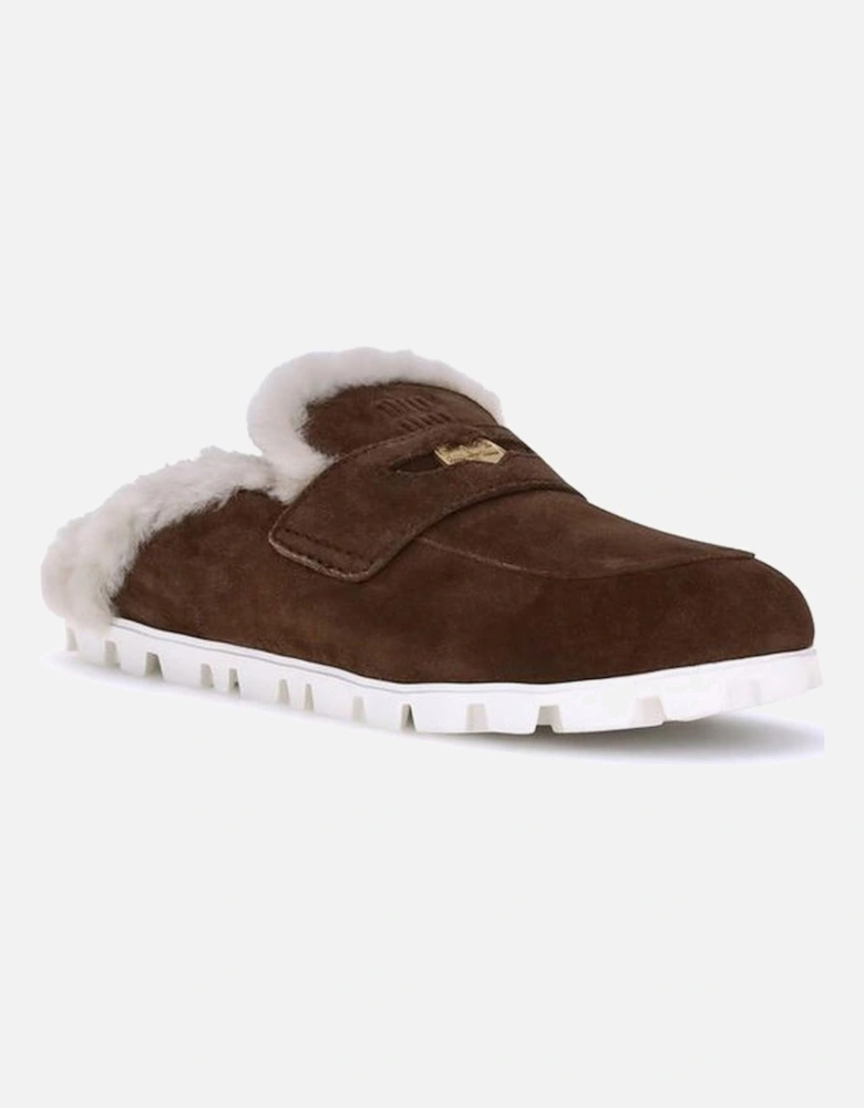 Shearling-Lined Suede Mules with Horsebit Detail Women - Brown Sandals