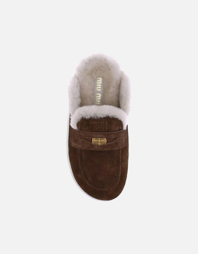 Shearling-Lined Suede Mules with Horsebit Detail Women - Brown Sandals
