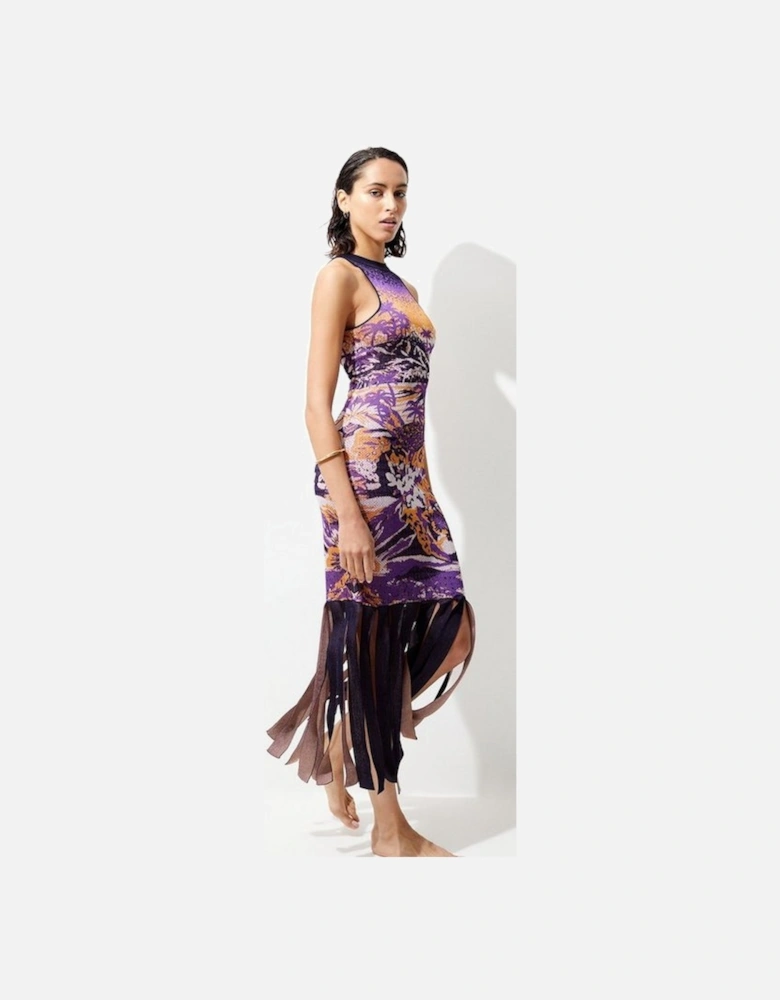 Sleeveless Slinky Jacquard Cut Out Back Knitted Midi Dress