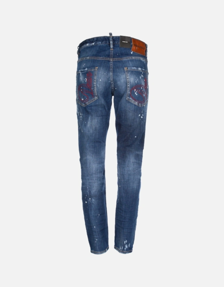 Skater Jean Brown Badge Dark Blue Denim Pants