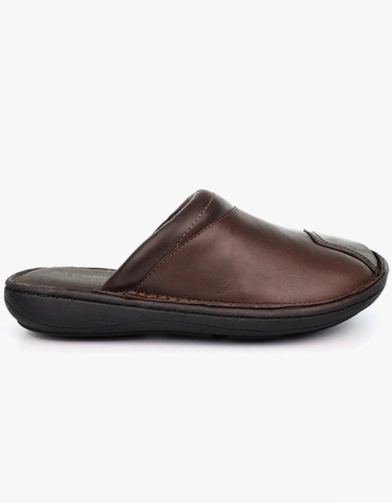 M024B Mens Padded Leather Mule Slippers Brown