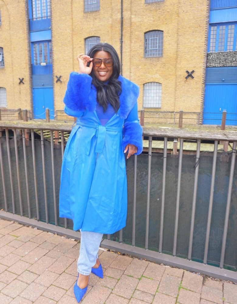 Blue Trench Style Belted Coat with Faux Fur Cuffs and Collar