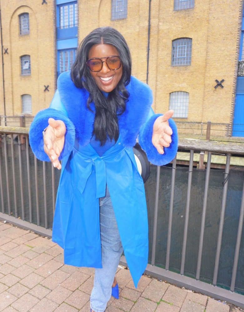 Blue Trench Style Belted Coat with Faux Fur Cuffs and Collar