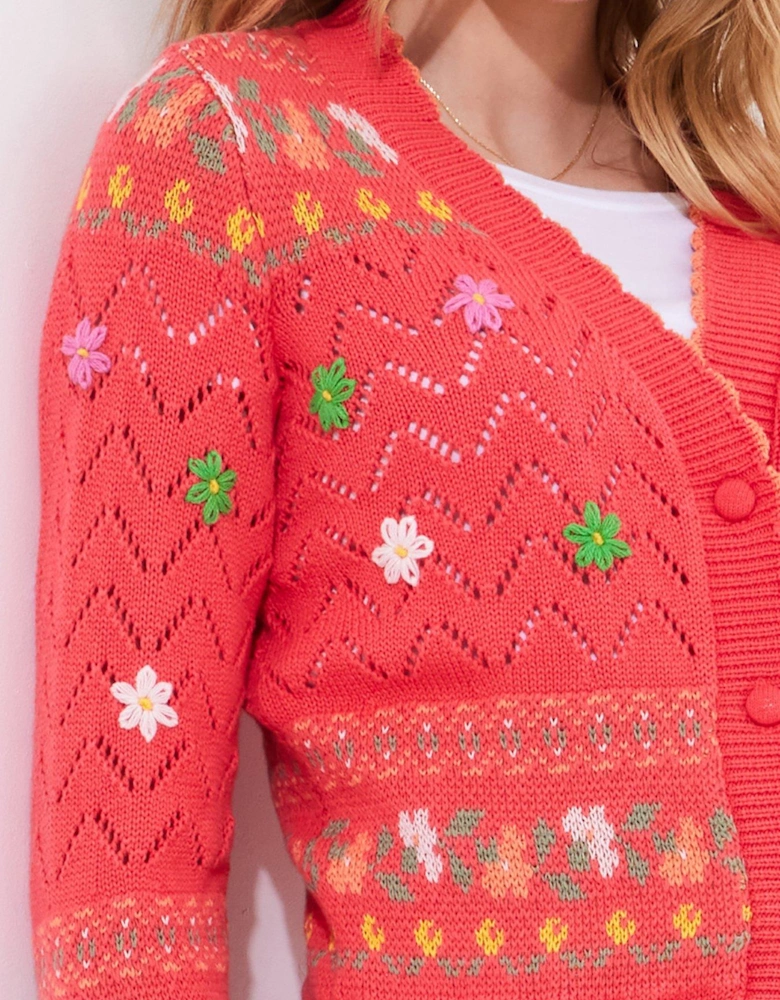 Florrie Floral Knitted Cardigan - Coral