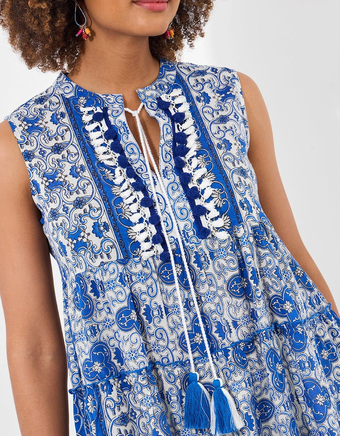 Pom Pom Trim Sleeveless Tunic - Blue