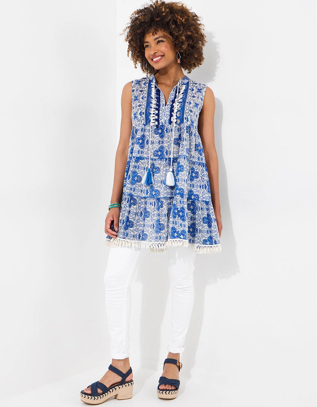 Pom Pom Trim Sleeveless Tunic - Blue