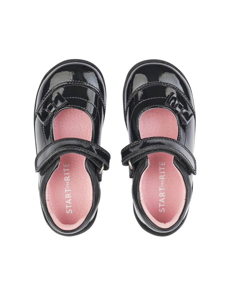Girls Twizzle Patent Leather First School Shoes with Bow - Black