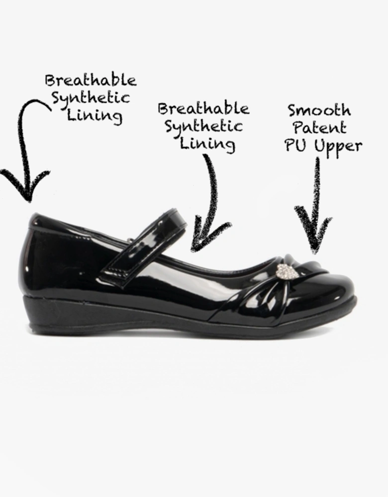 PAIGE II Girls Touch Fastened Diamante Bar Shoes Patent Black
