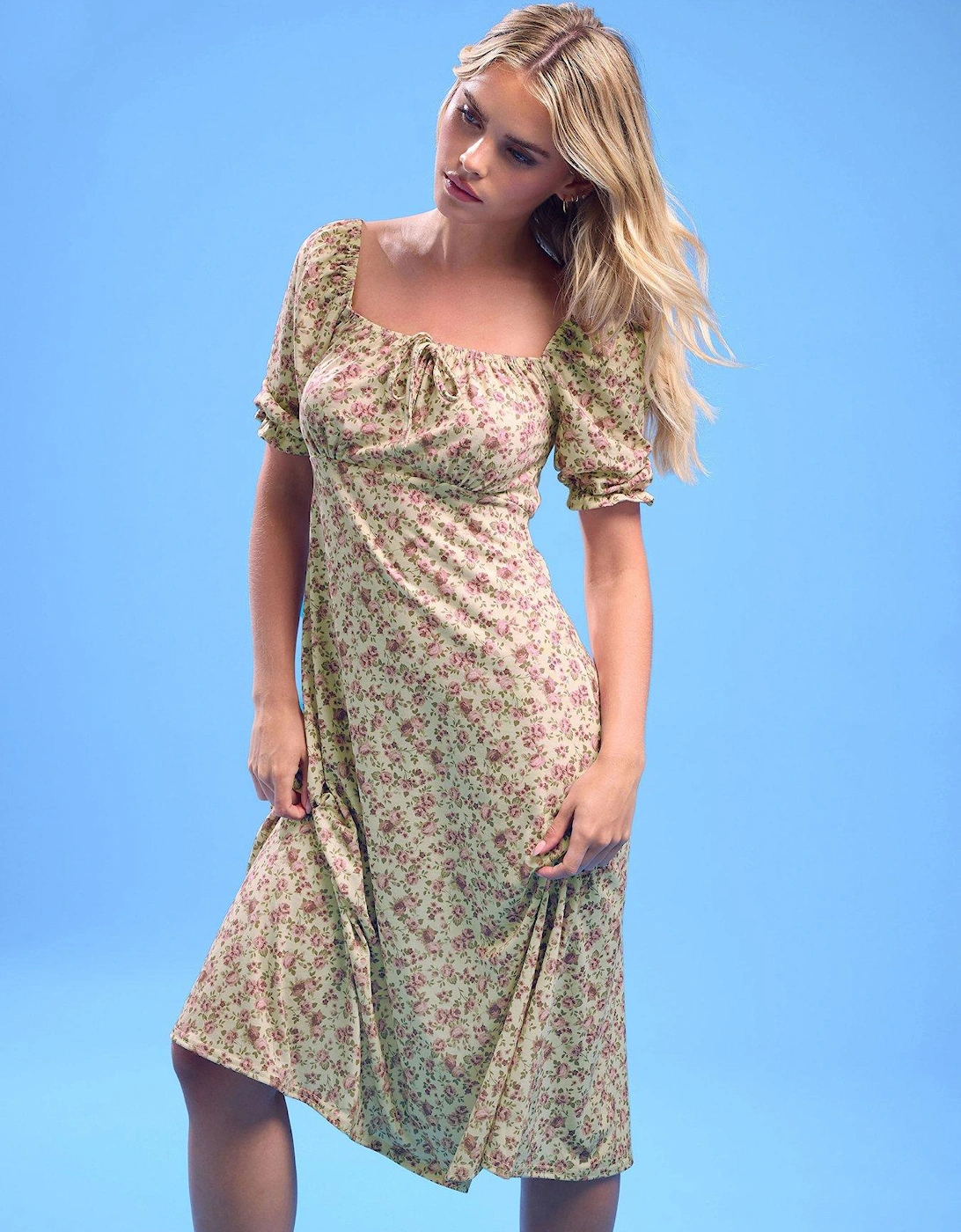 Petite Vintage Ditsy Square Neck Midi Dress - Yellow, 2 of 1