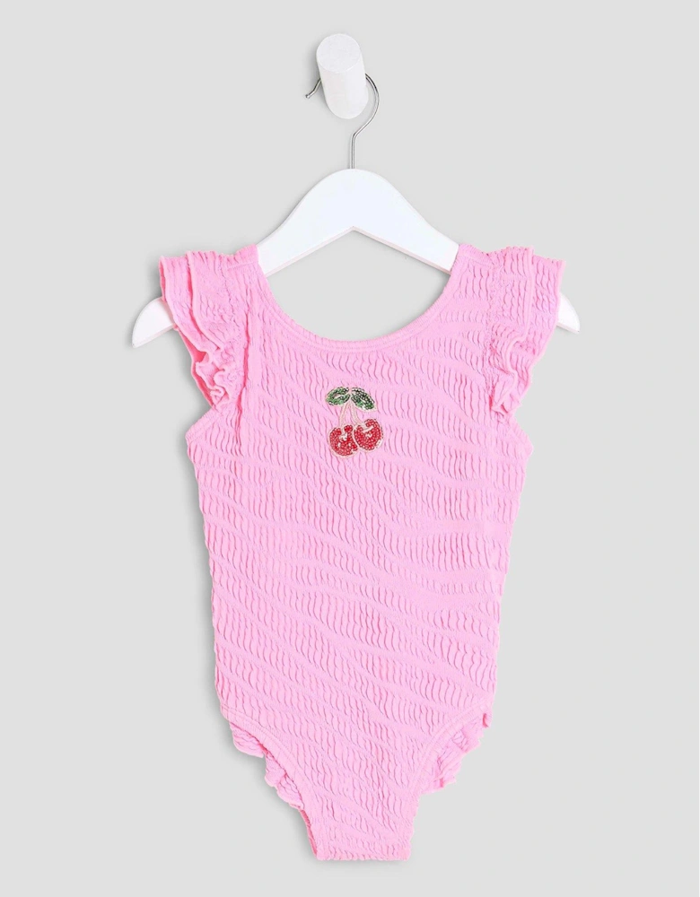 Mini Girls Embellished Cherry Swimsuit - Pink