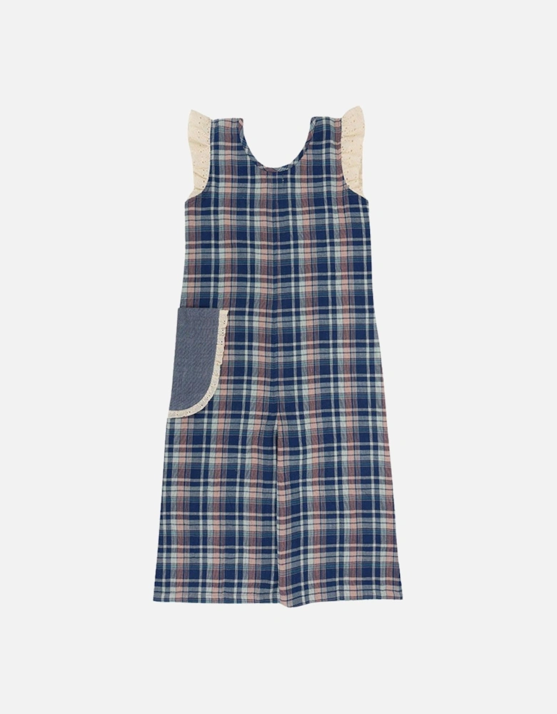 Girls Check Print Jumpsuit - Navy