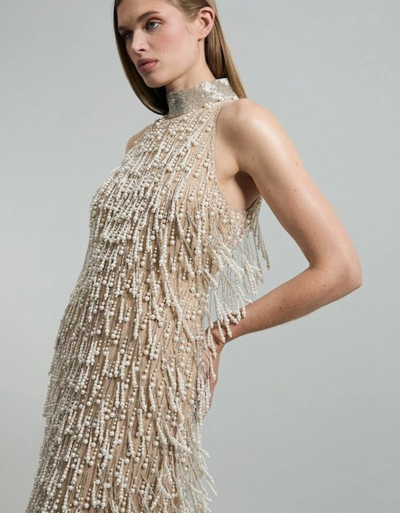 Petite Premium Pearl Tassel Embellished Halter Neck Woven Midi Dress