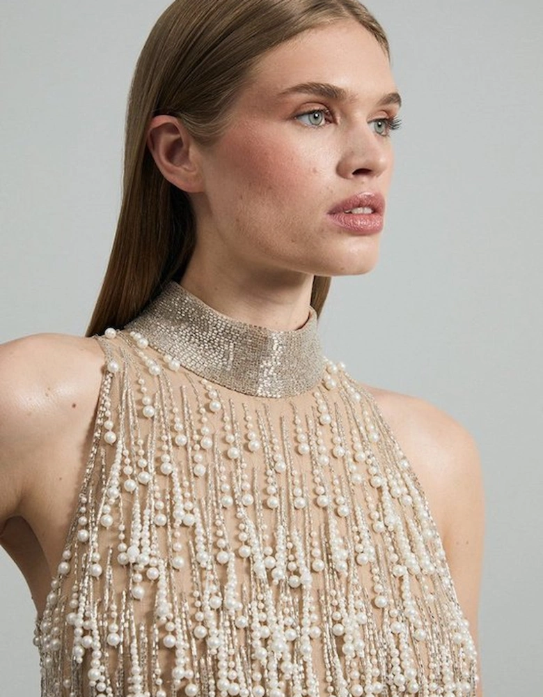 Petite Premium Pearl Tassel Embellished Halter Neck Woven Midi Dress